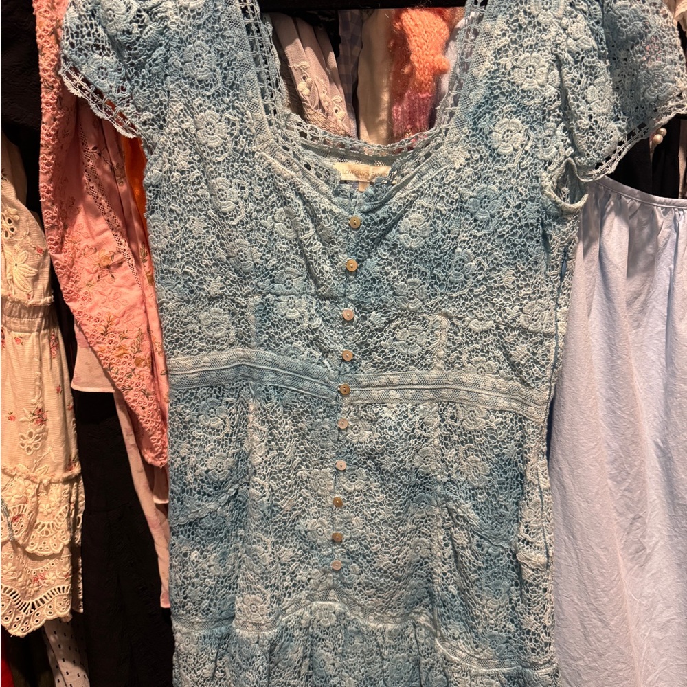 Loveshackfancy Light Blue Lace Button-Front Dress